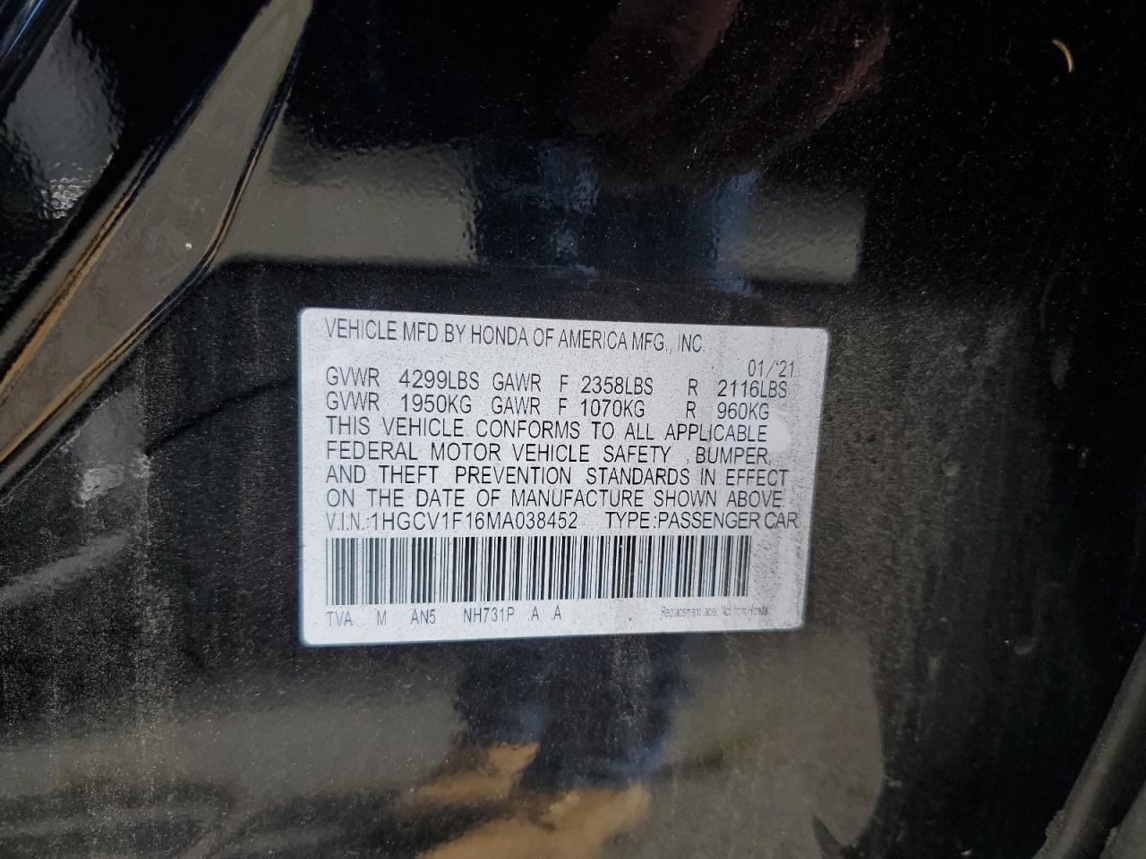 2021 Honda Accord Lx VIN: 1HGCV1F16MA038452 Lot: 61715525