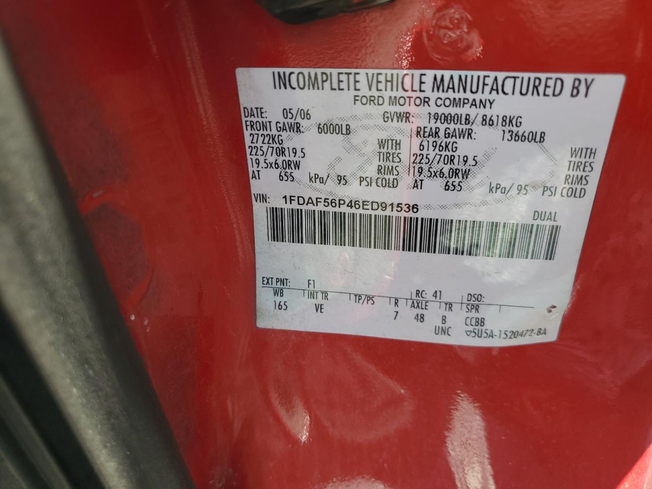 2006 Ford F550 Super Duty VIN: 1FDAF56P46ED91536 Lot: 62374695