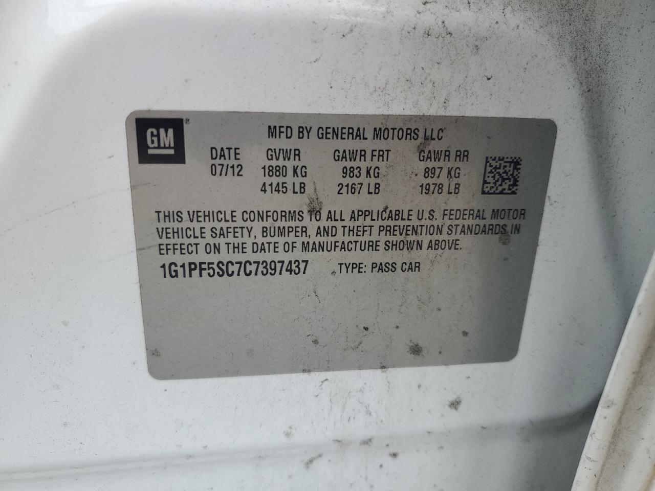 2012 Chevrolet Cruze Lt VIN: 1G1PF5SC7C7397437 Lot: 63975815