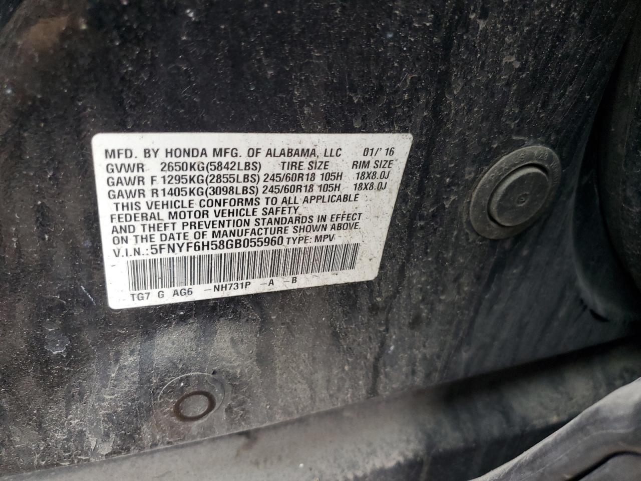 5FNYF6H58GB055960 2016 Honda Pilot Exl