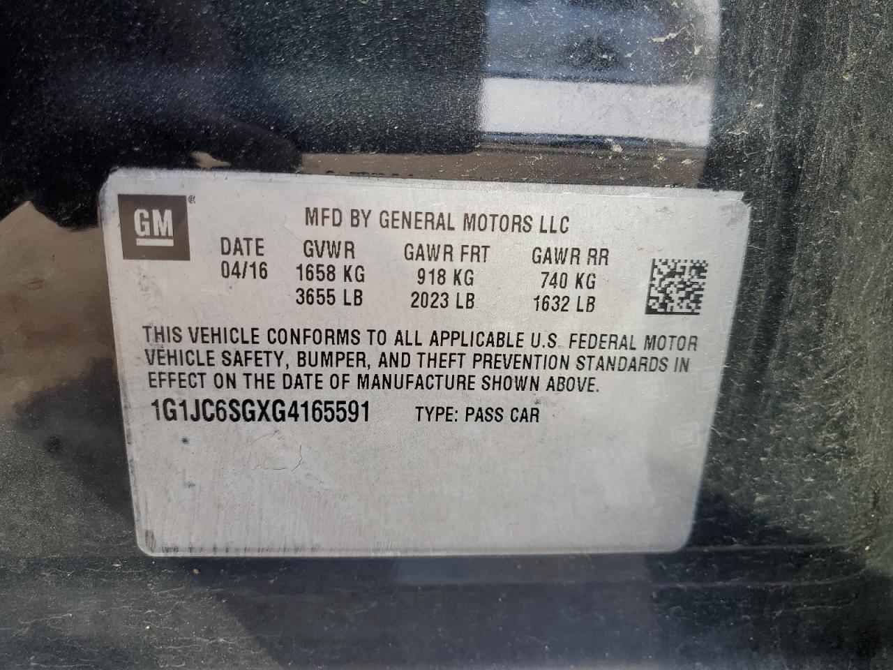 2016 Chevrolet Sonic Lt VIN: 1G1JC6SGXG4165591 Lot: 64555905