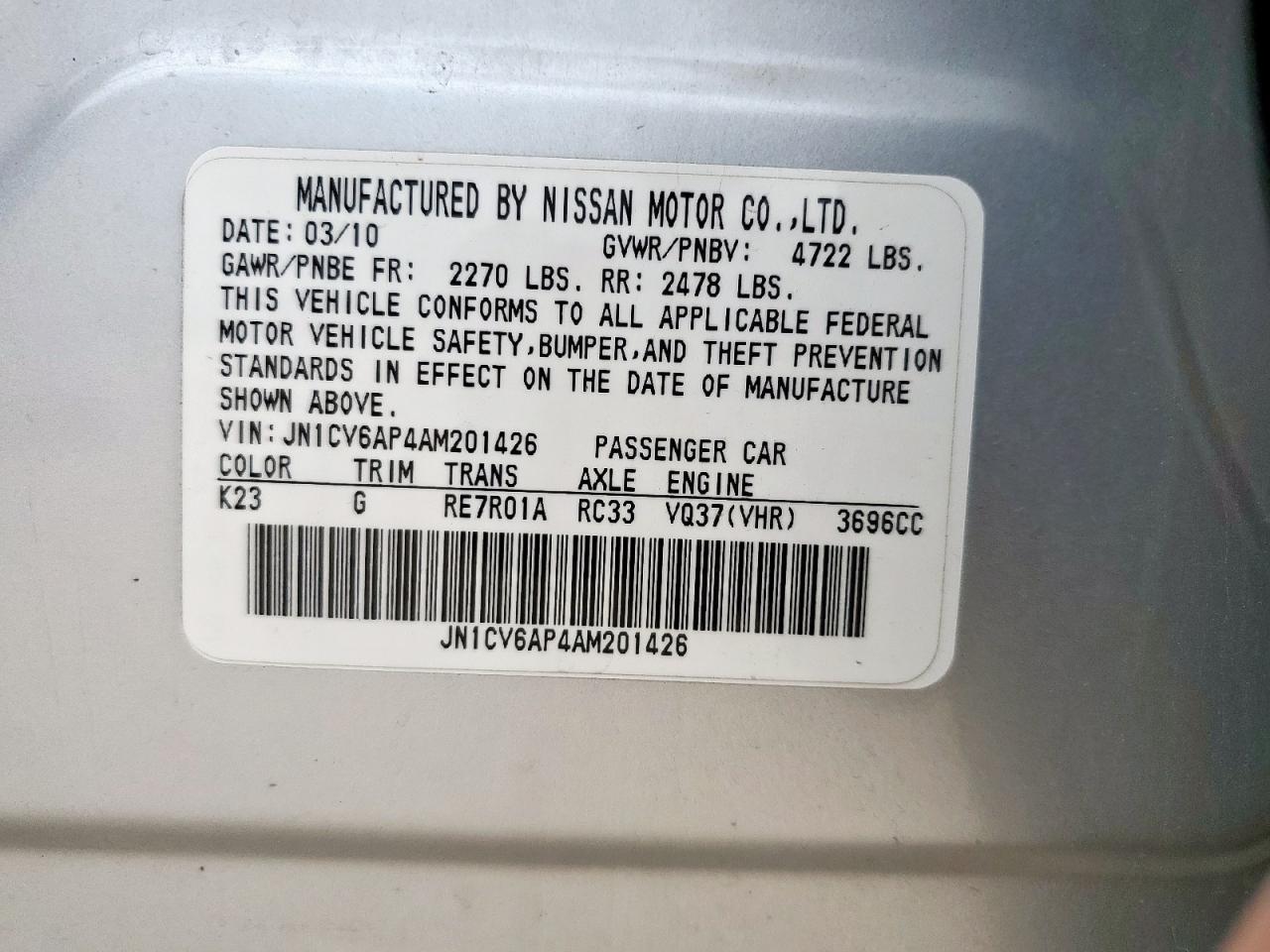 2010 Infiniti G37 Base VIN: JN1CV6AP4AM201426 Lot: 63382205