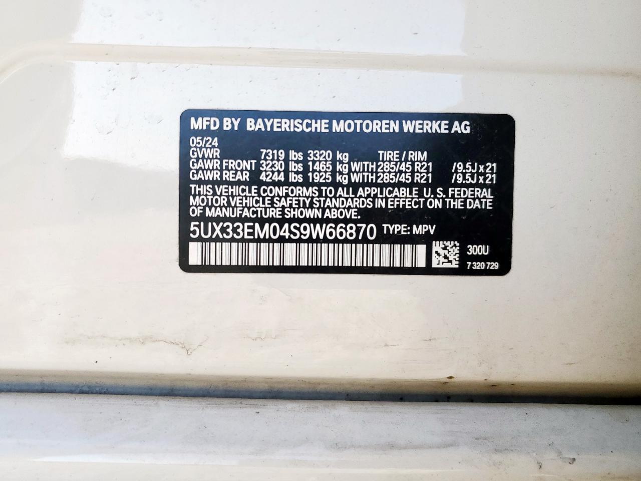 2025 BMW X7 M60I VIN: 5UX33EM04S9W66870 Lot: 64307985