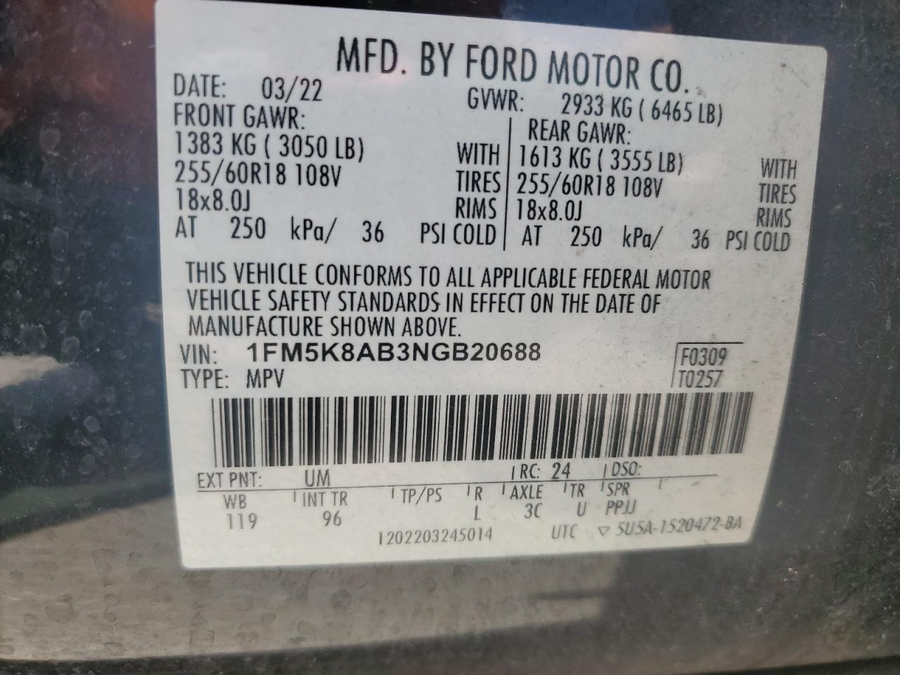 2022 Ford Explorer Police Interceptor VIN: 1FM5K8AB3NGB20688 Lot: 62962805