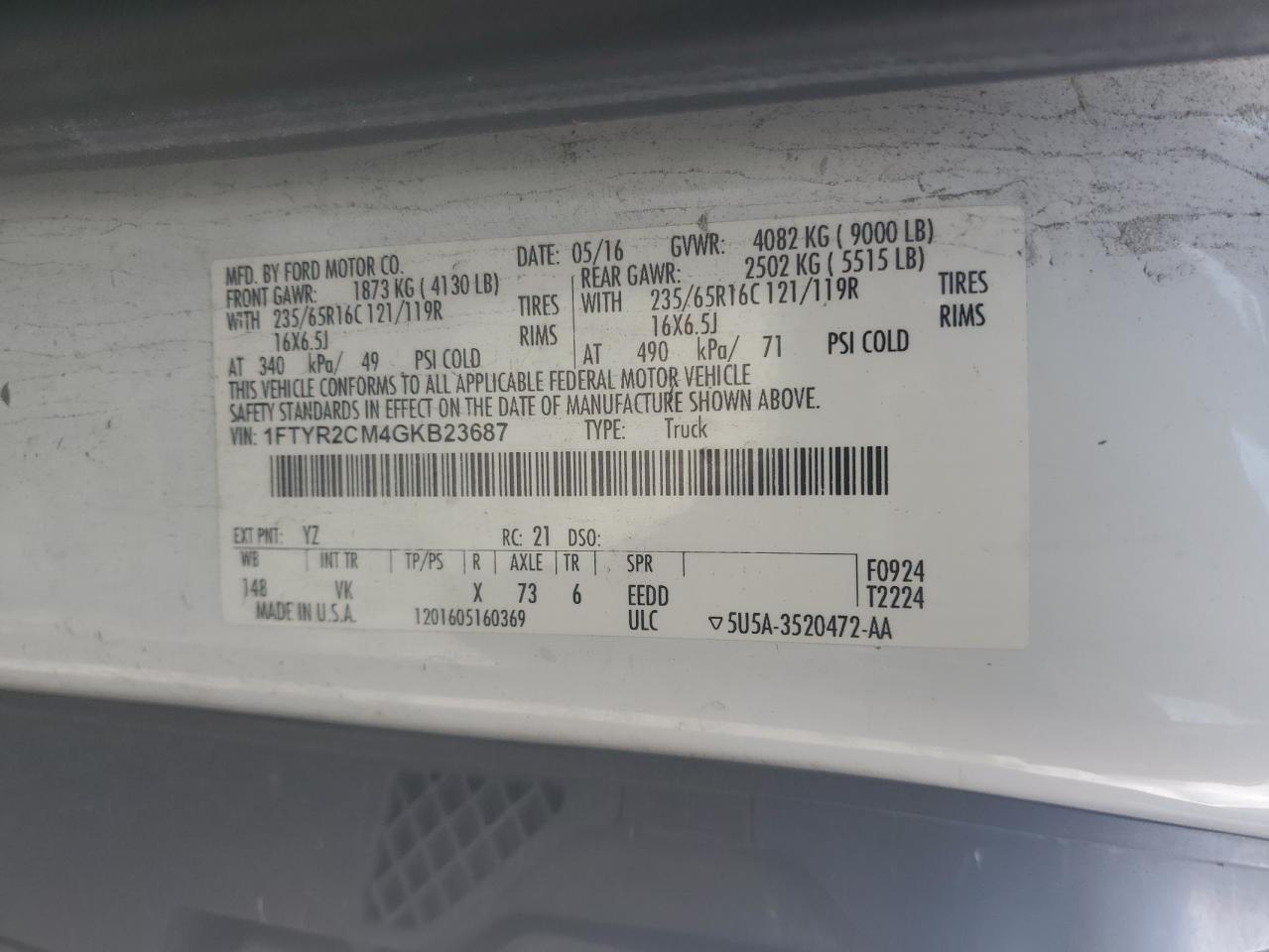 2016 Ford Transit T-250 VIN: 1FTYR2CM4GKB23687 Lot: 66909265