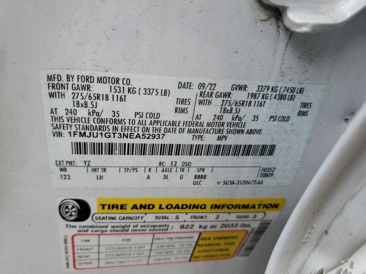 2022 Ford Expedition Xl VIN: 1FMJU1GT3NEA52937 Lot: 63629695