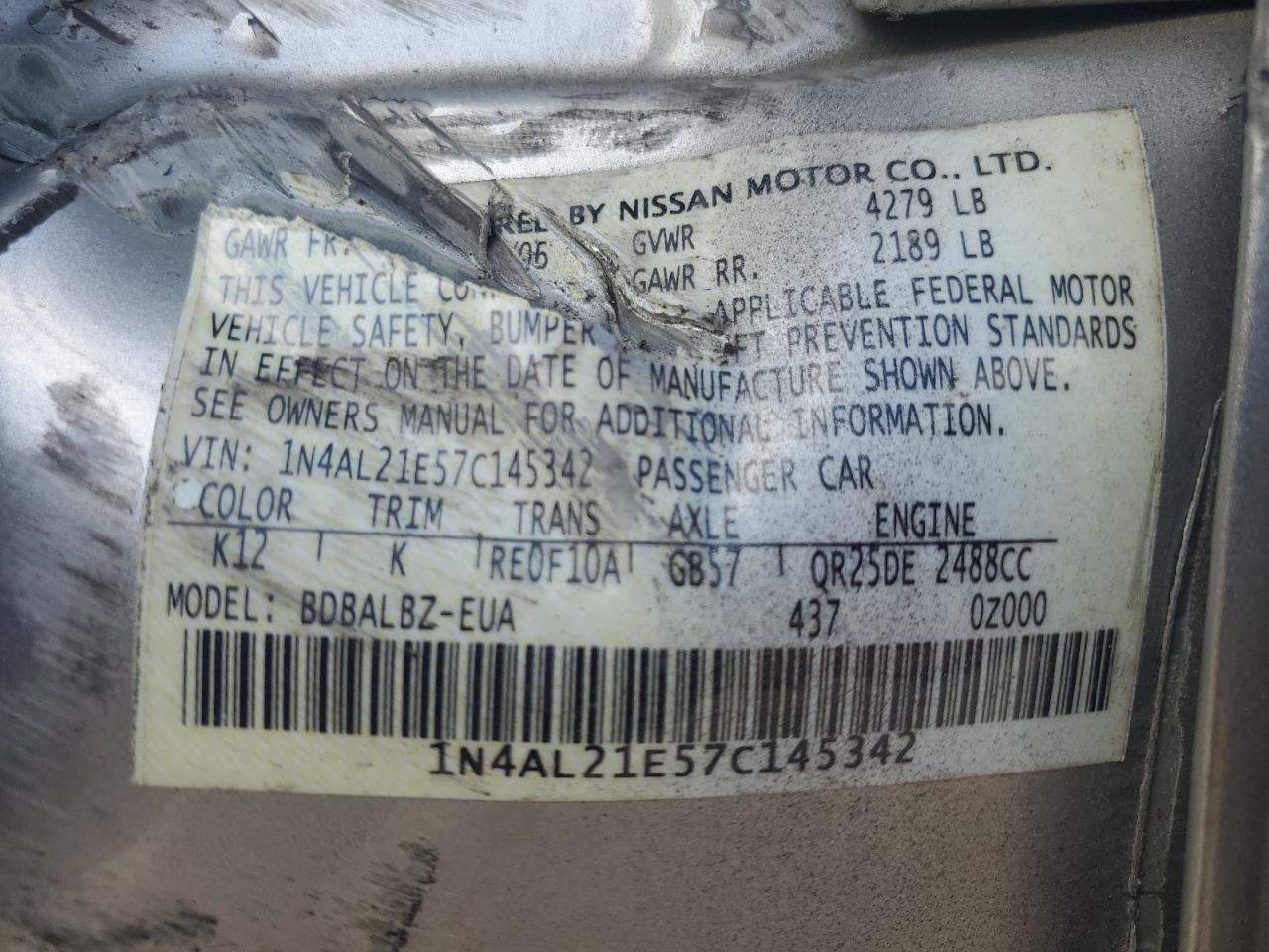 2007 Nissan Altima 2.5 VIN: 1N4AL21E57C145342 Lot: 71408225