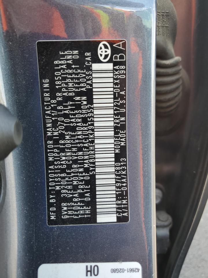 2019 Toyota Corolla L VIN: 5YFBURHE1KP915952 Lot: 64406895