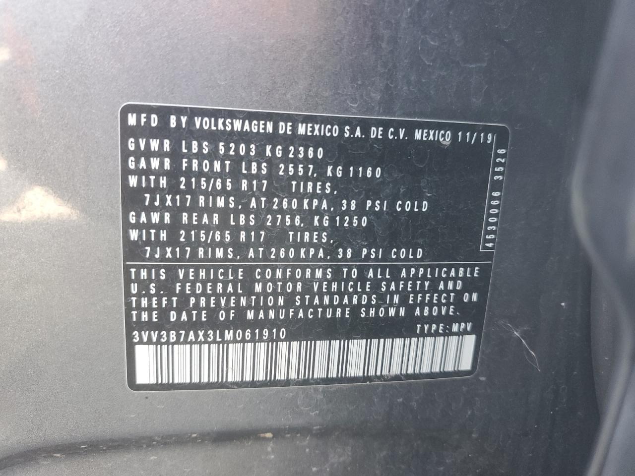 2020 Volkswagen Tiguan Se VIN: 3VV3B7AX3LM061910 Lot: 62742125