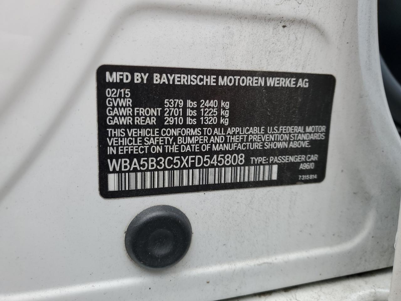 2015 BMW 535 Xi VIN: WBA5B3C5XFD545808 Lot: 64478895