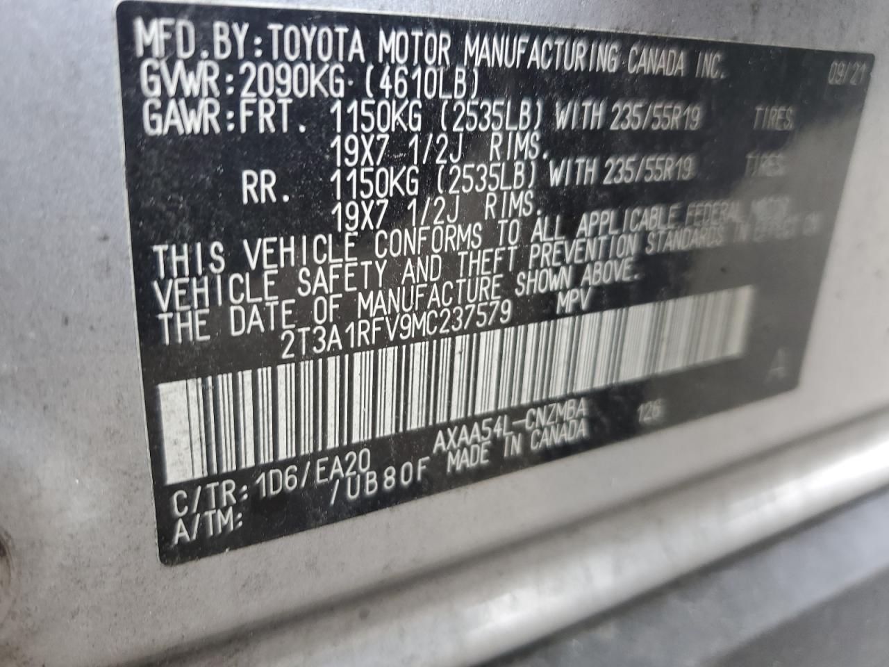 2021 Toyota Rav4 Xle Premium VIN: 2T3A1RFV9MC237579 Lot: 63734465