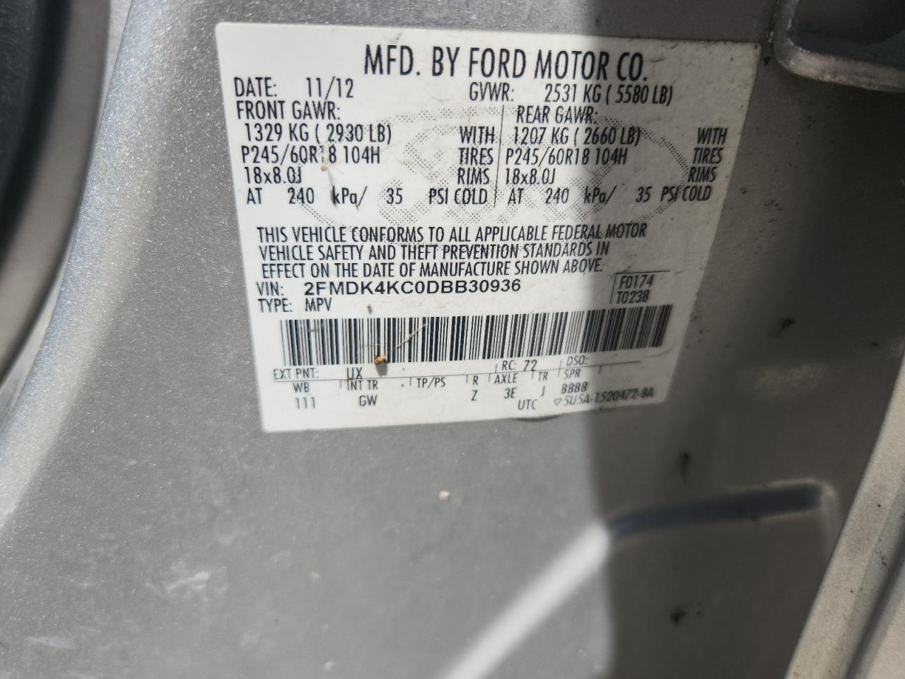 2013 Ford Edge Limited VIN: 2FMDK4KC0DBB30936 Lot: 65689115