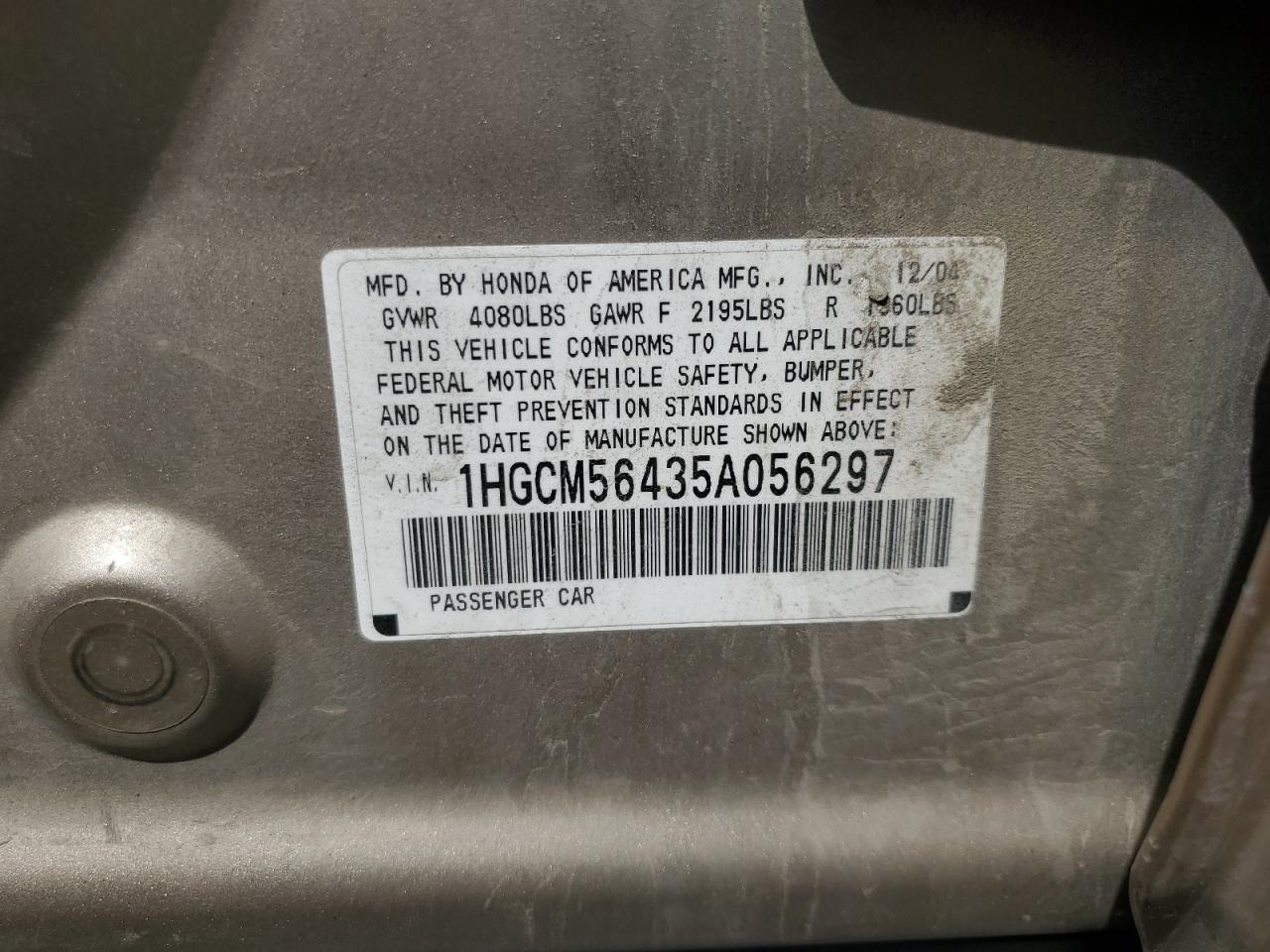 2005 Honda Accord Lx VIN: 1HGCM56435A056297 Lot: 65579705