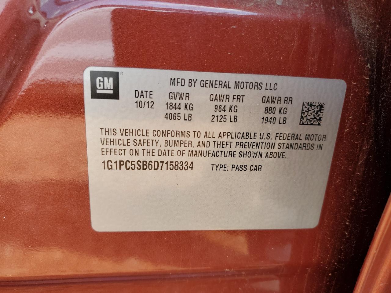 2013 Chevrolet Cruze Lt VIN: 1G1PC5SB6D7158334 Lot: 63449605