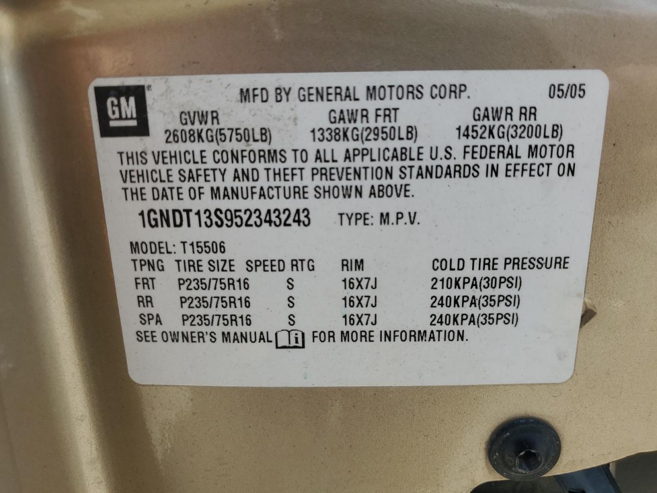 2005 Chevrolet Trailblazer Ls VIN: 1GNDT13S952343243 Lot: 64467135