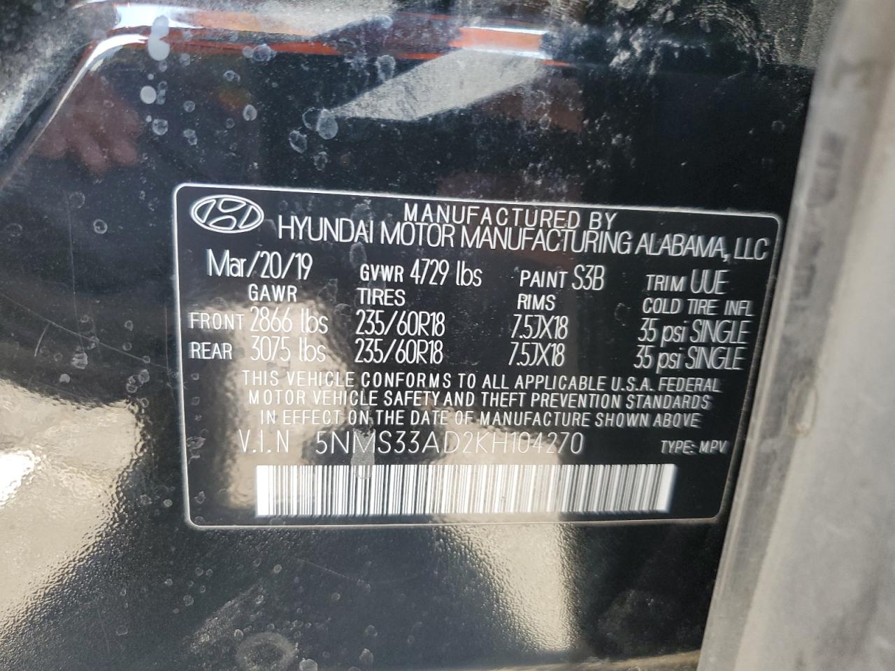 2019 Hyundai Santa Fe Sel VIN: 5NMS33AD2KH104270 Lot: 65038605