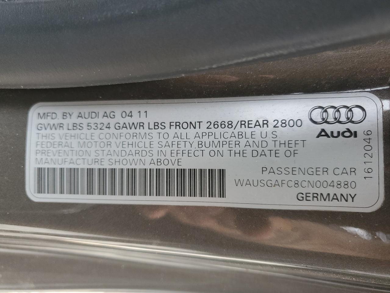 2012 Audi A7 Prestige VIN: WAUSGAFC8CN004880 Lot: 65143775