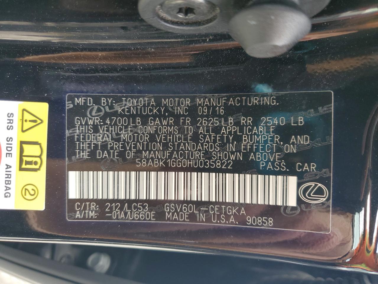 2017 Lexus Es 350 VIN: 58ABK1GG0HU035822 Lot: 64644985