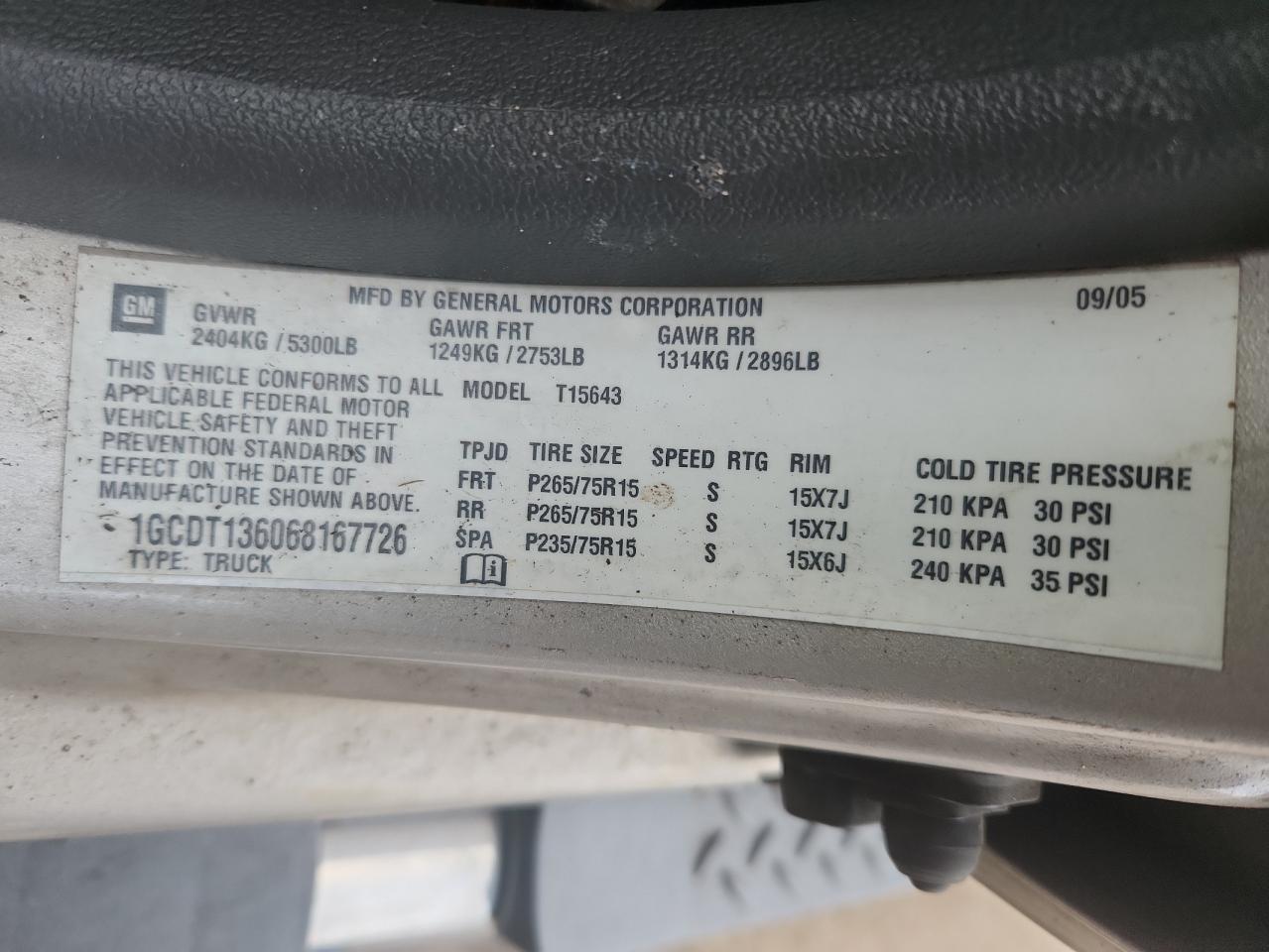 2006 Chevrolet Colorado VIN: 1GCDT136068167726 Lot: 65423515