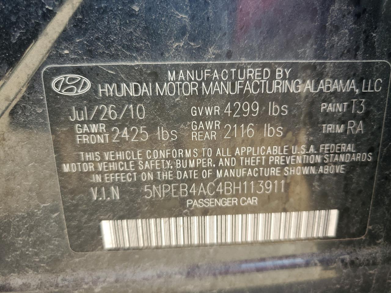 2011 Hyundai Sonata Gls VIN: 5NPEB4AC4BH113911 Lot: 64829155