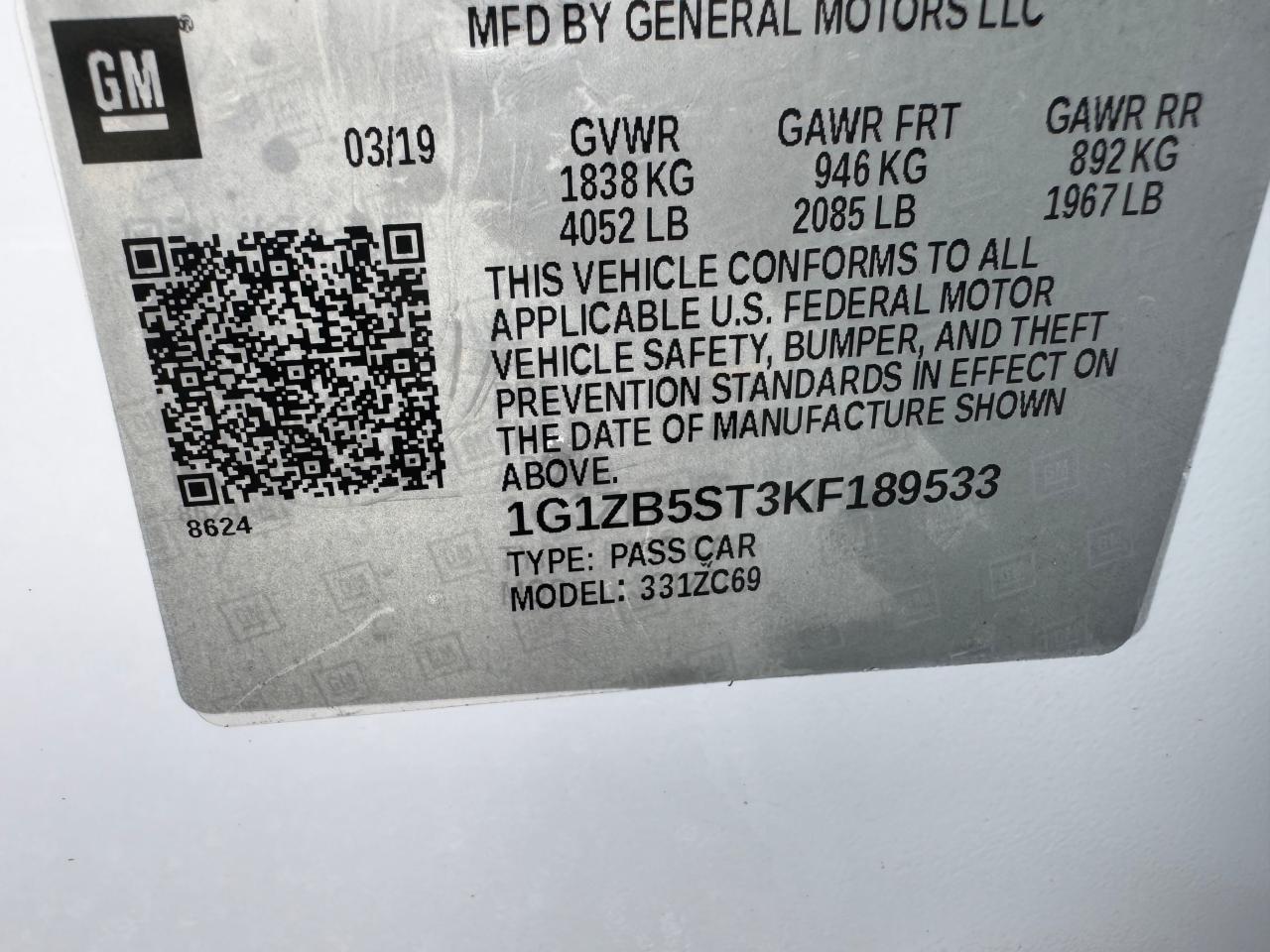 VIN: 1G1ZB5ST3KF189533 2019 CHEVROLET MALIBU