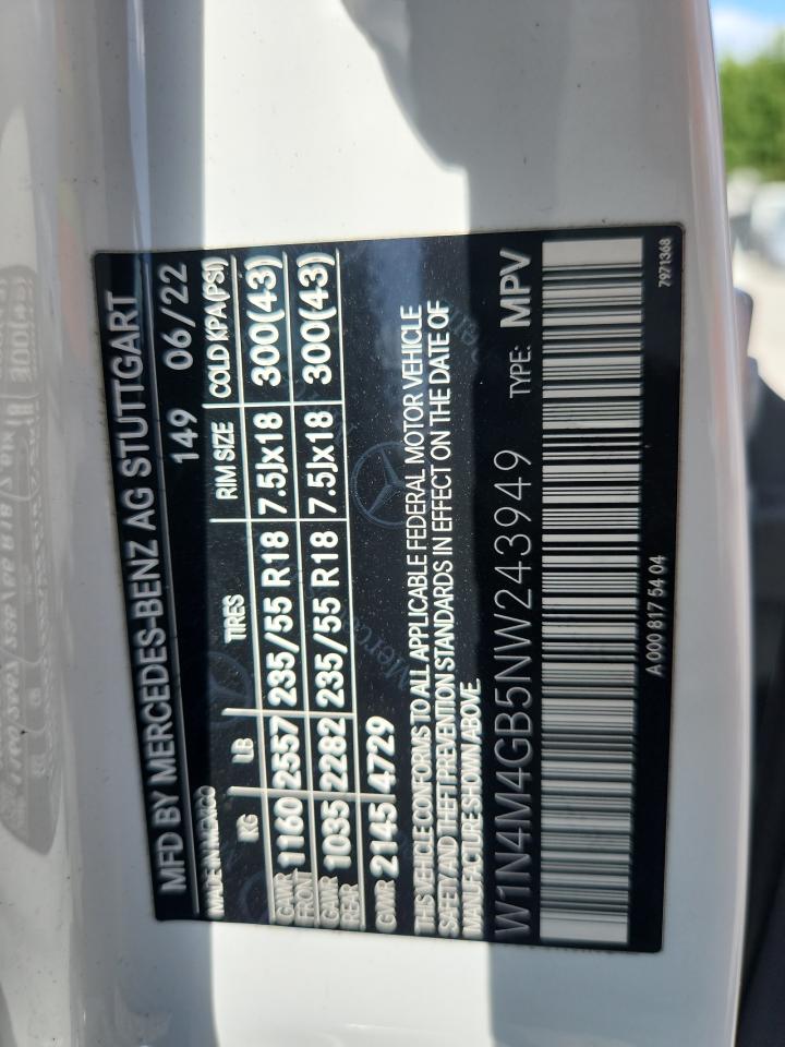 2022 Mercedes-Benz Glb 250 VIN: W1N4M4GB5NW243949 Lot: 65853305