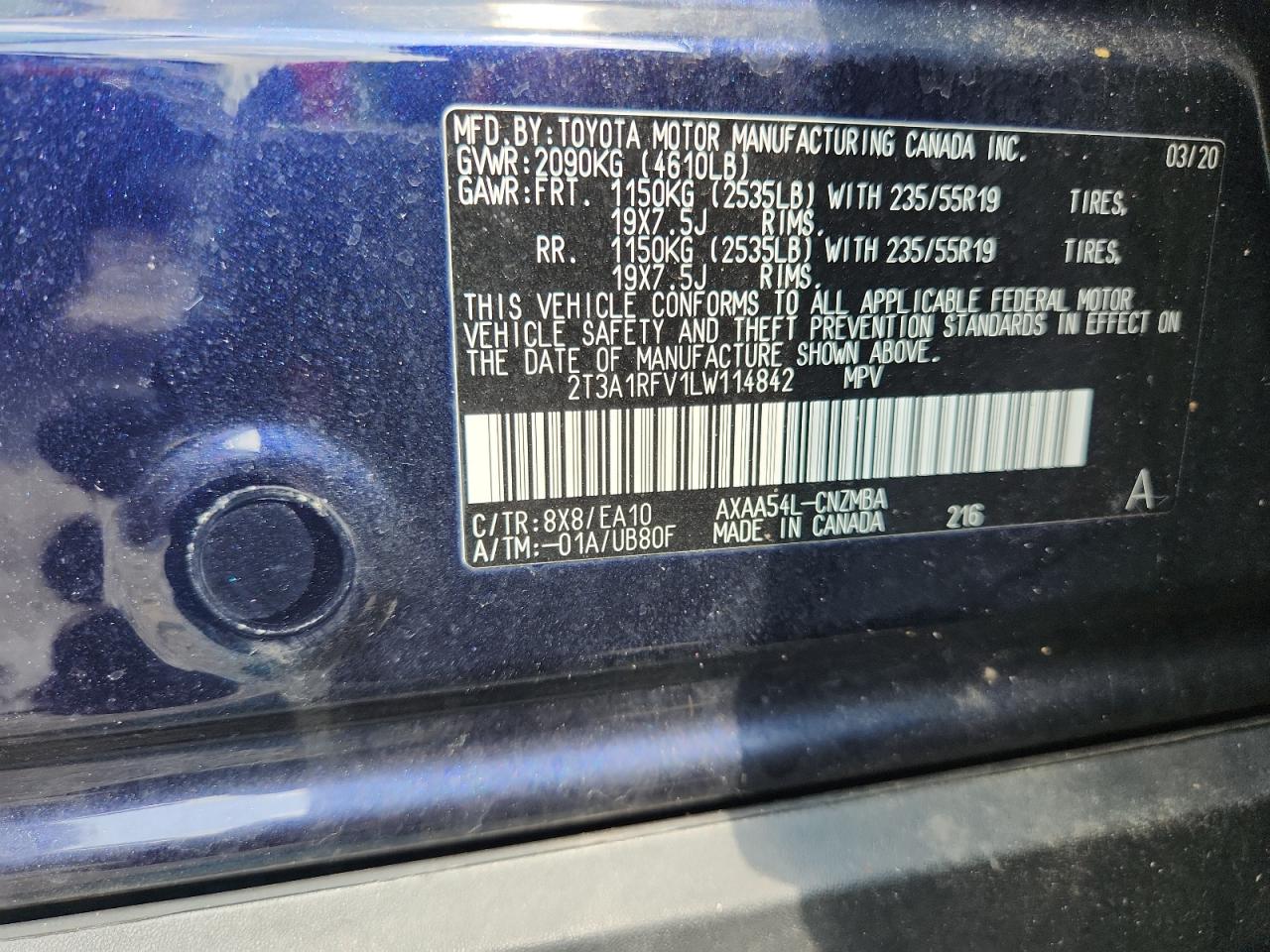 2020 Toyota Rav4 Xle Premium VIN: 2T3A1RFV1LW114842 Lot: 65166525