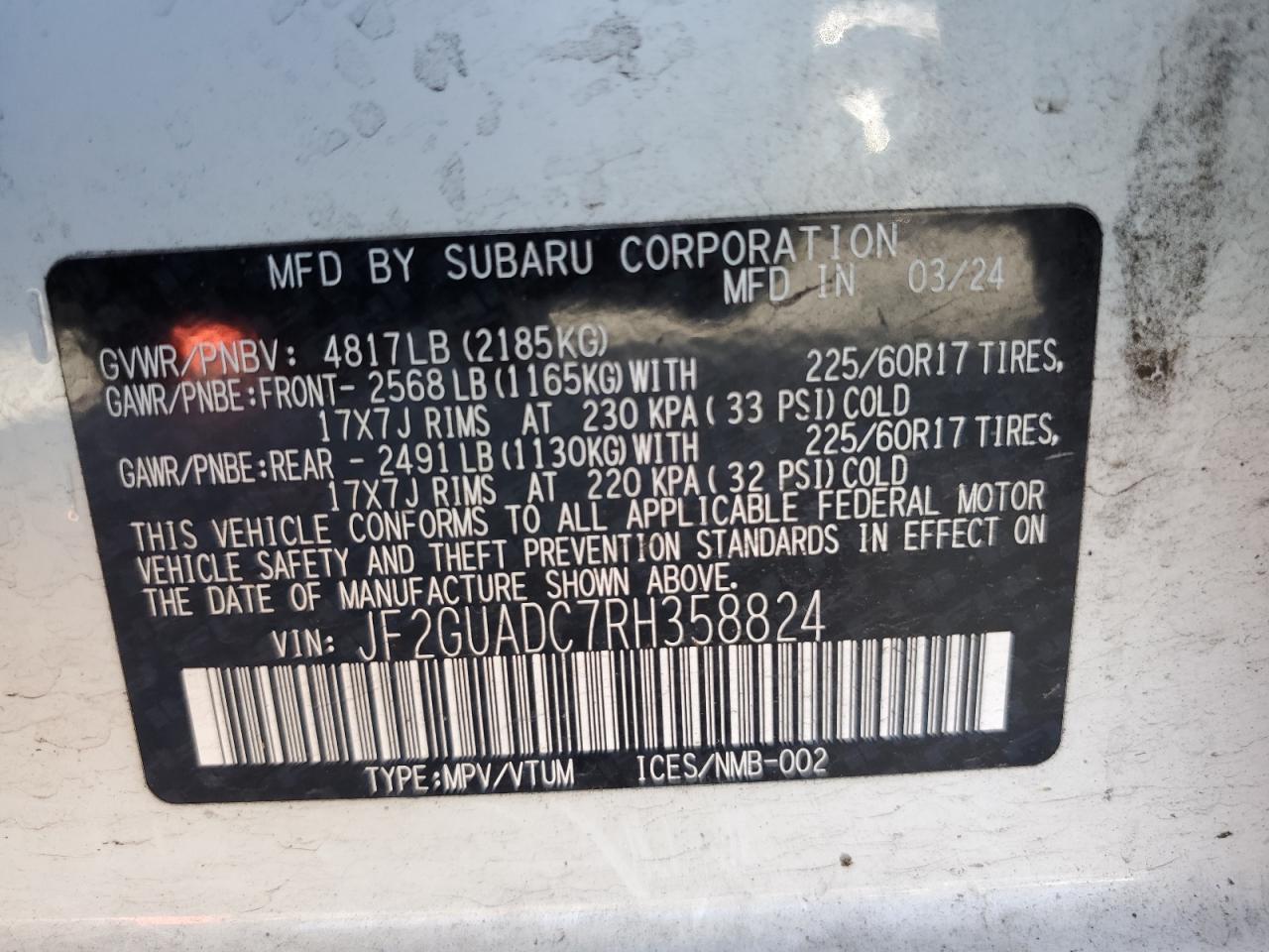 2024 Subaru Crosstrek Premium VIN: JF2GUADC7RH358824 Lot: 64696895