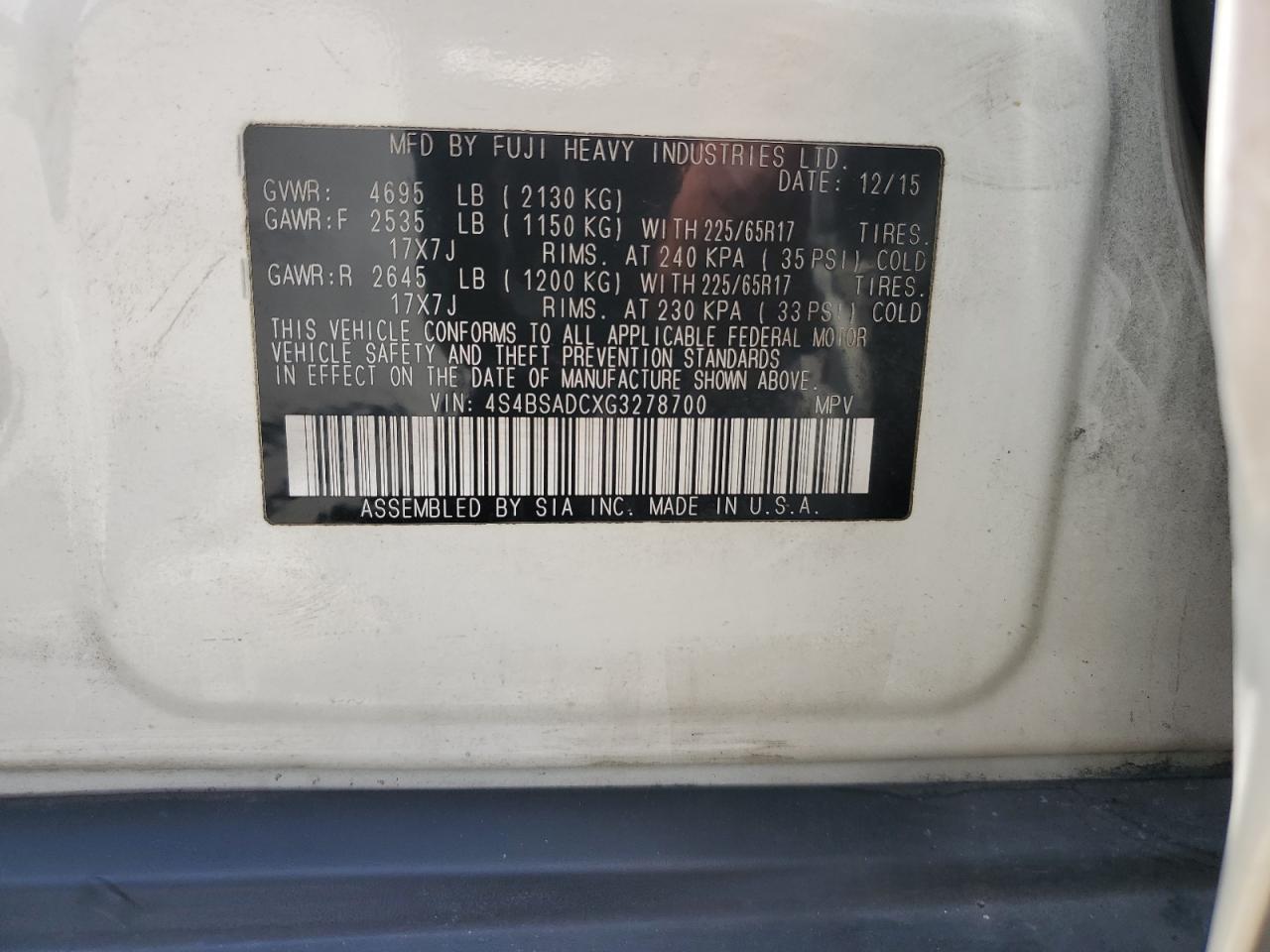 2016 Subaru Outback 2.5I Premium VIN: 4S4BSADCXG3278700 Lot: 63254615