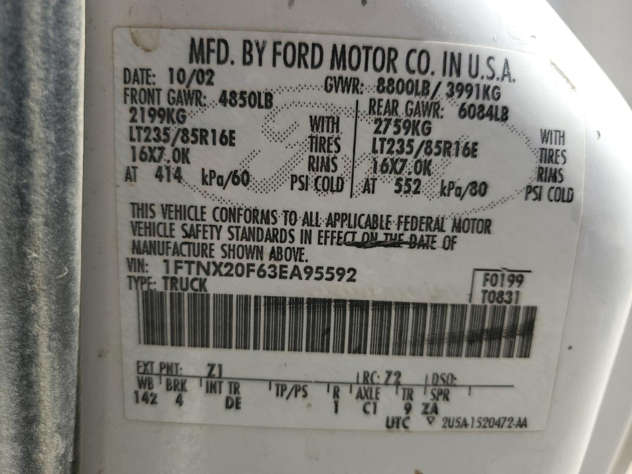 2003 Ford F250 Super Duty VIN: 1FTNX20F63EA95592 Lot: 63112455