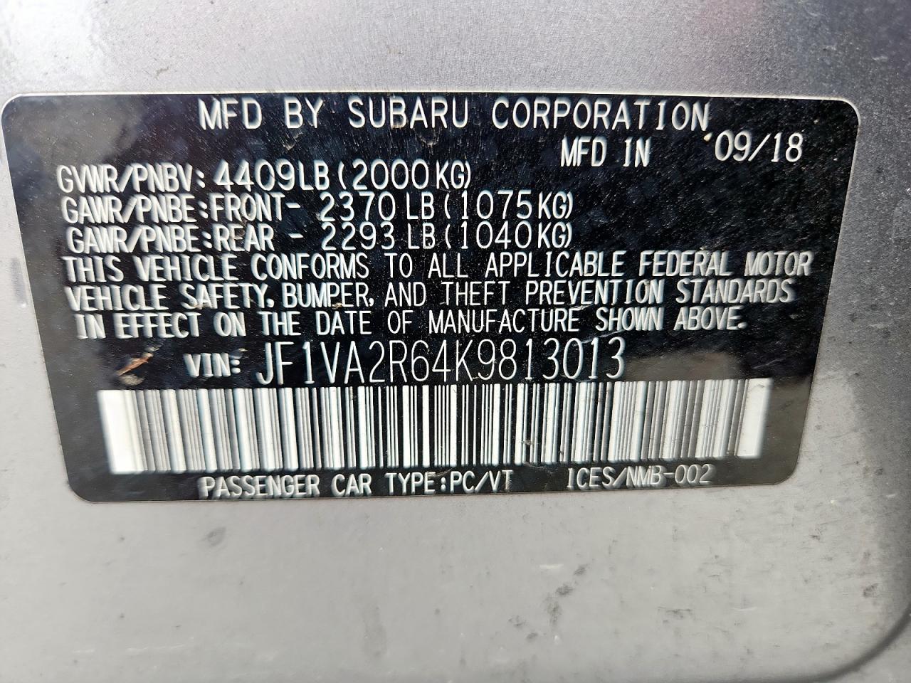 2019 Subaru Wrx Sti VIN: JF1VA2R64K9813013 Lot: 63674775