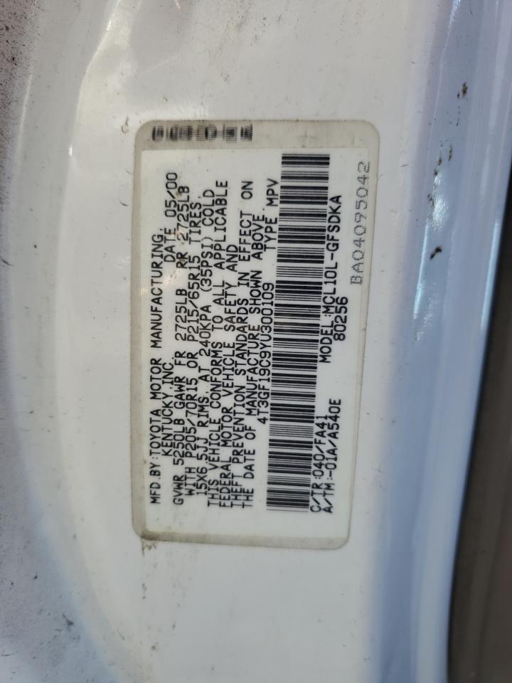 2000 Toyota Sienna Ce VIN: 4T3GF19C9YU300109 Lot: 64864685