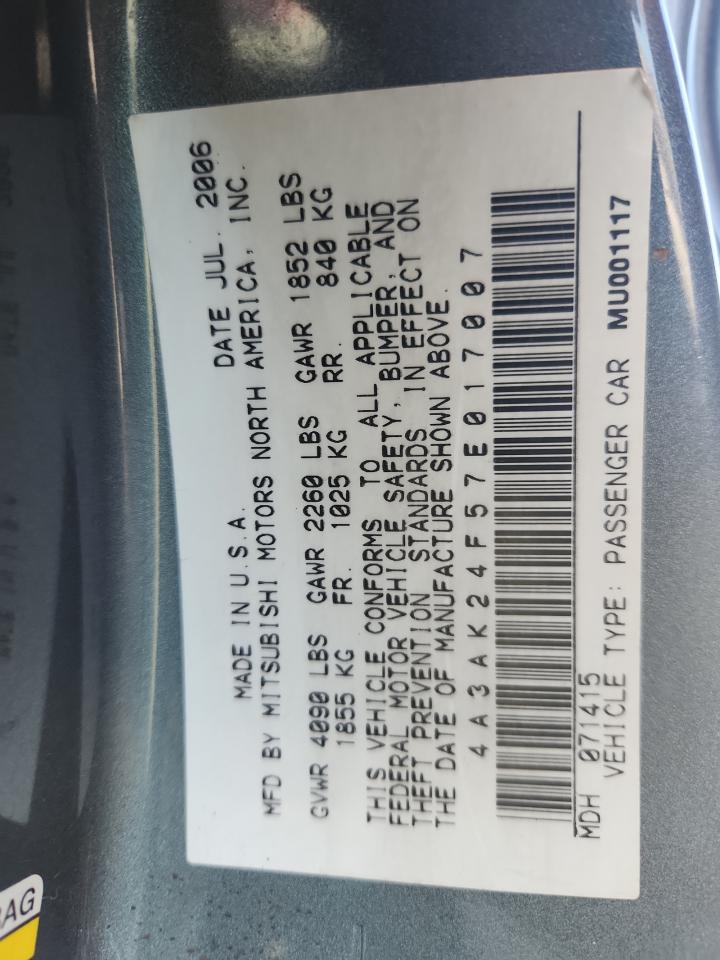 2007 Mitsubishi Eclipse Gs VIN: 4A3AK24F57E017007 Lot: 64406495