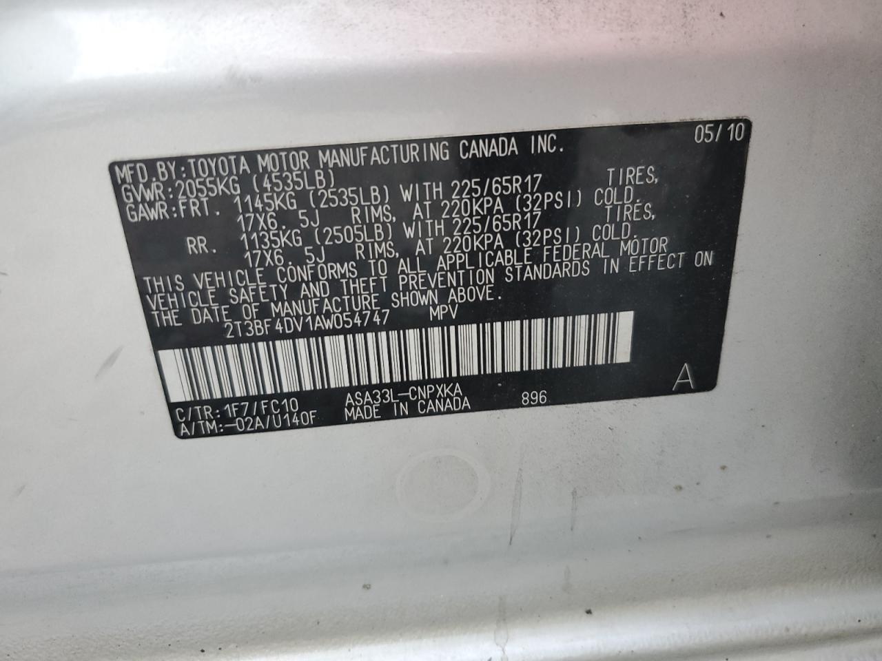 2010 Toyota Rav4 VIN: 2T3BF4DV1AW054747 Lot: 65189595