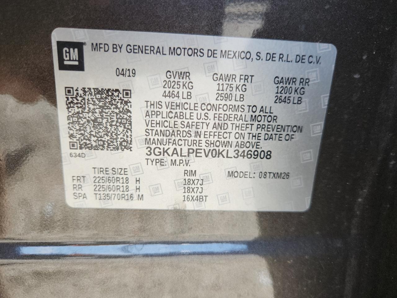 2019 GMC Terrain Slt VIN: 3GKALPEV0KL346908 Lot: 65317045