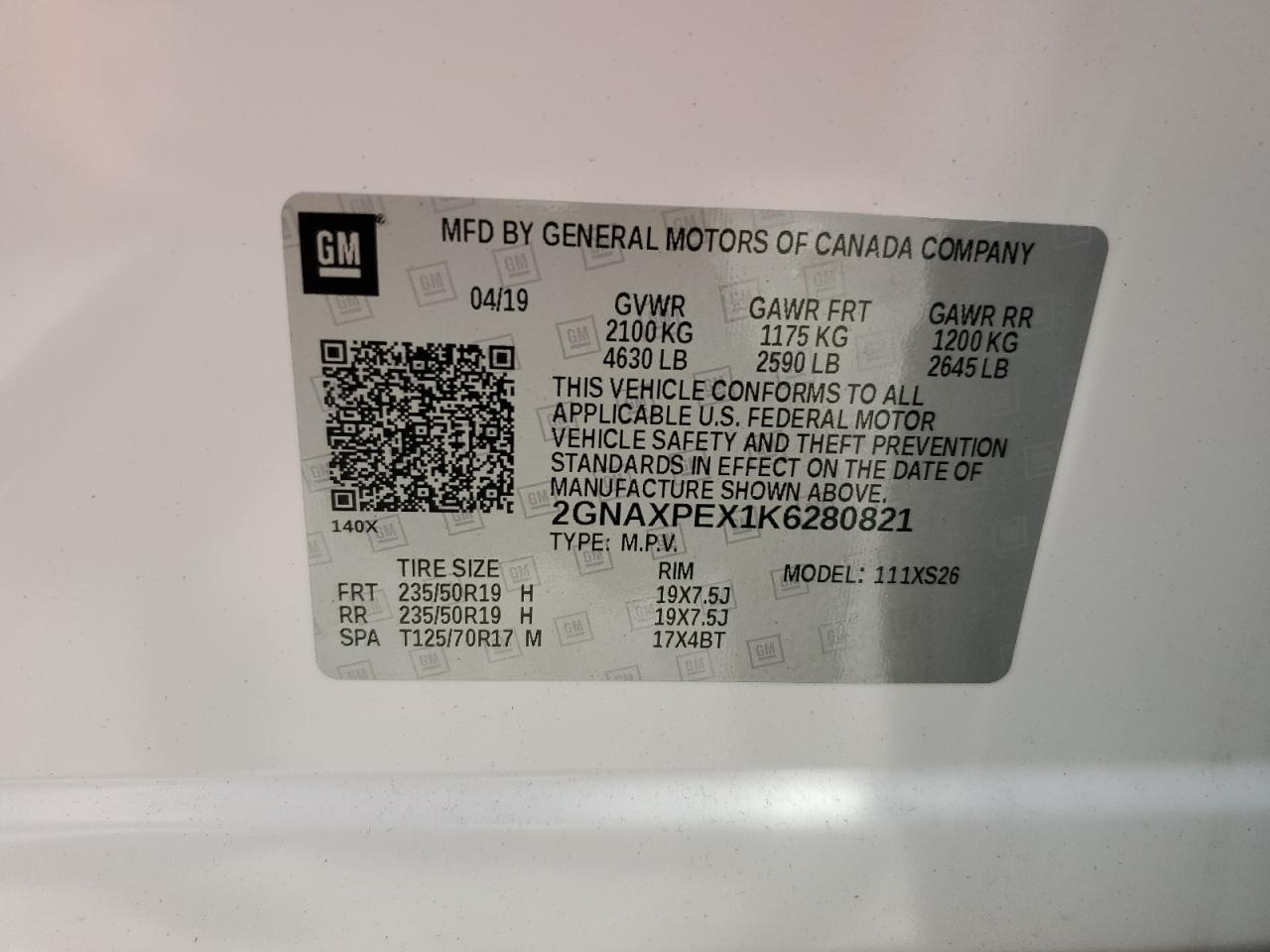 2019 Chevrolet Equinox Premier VIN: 2GNAXPEX1K6280821 Lot: 64397845