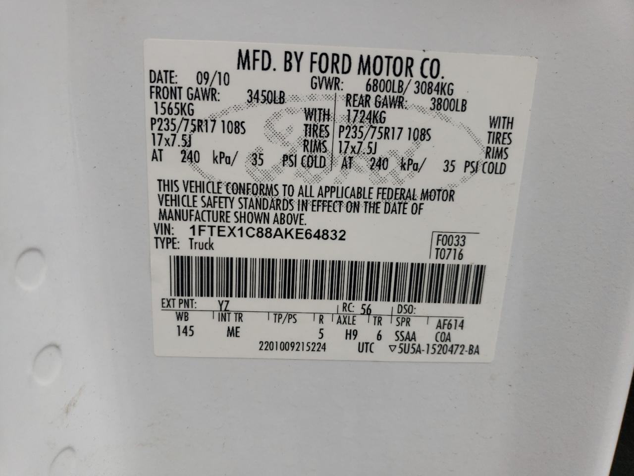 2010 Ford F150 Super Cab VIN: 1FTEX1C88AKE64832 Lot: 62769675