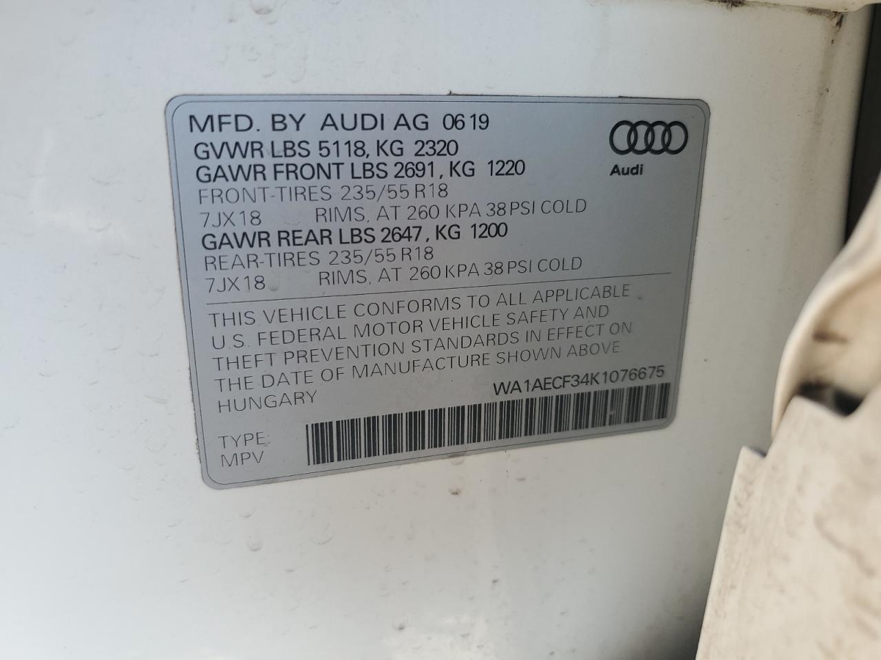 2019 Audi Q3 Premium VIN: WA1AECF34K1076675 Lot: 64700065