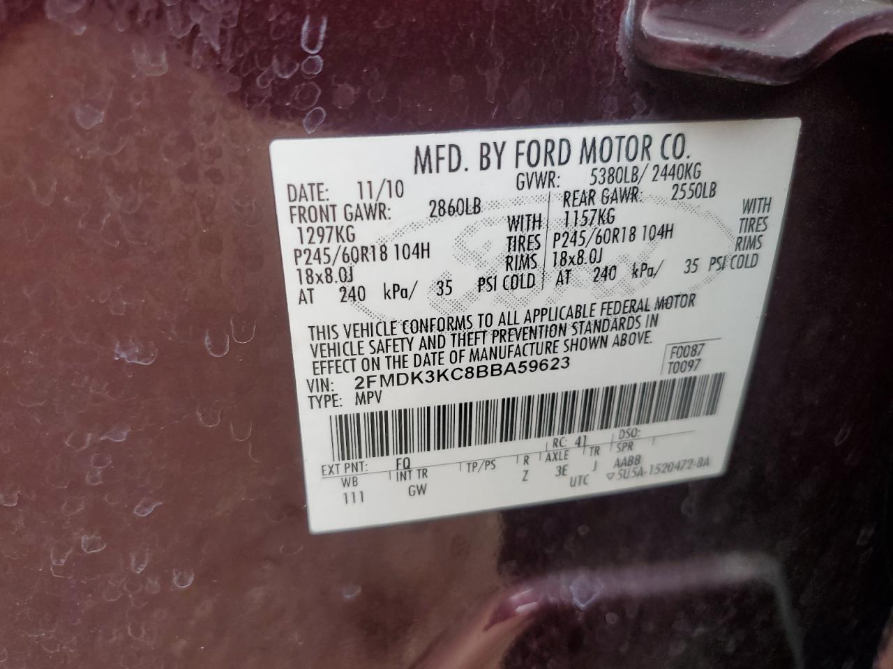 2011 Ford Edge Limited VIN: 2FMDK3KC8BBA59623 Lot: 64427715