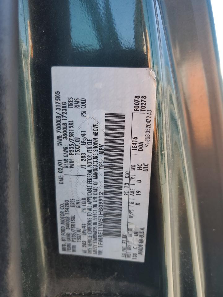 2001 Ford Econoline E150 Wagon VIN: 1FMRE11W51HB09912 Lot: 65548955