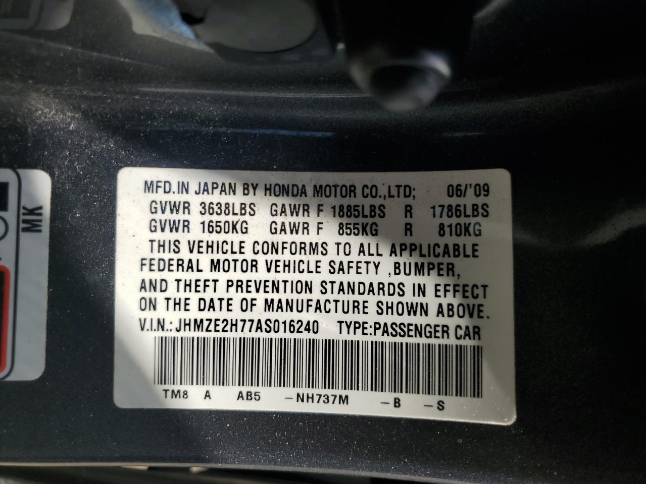 2010 Honda Insight Ex VIN: JHMZE2H77AS016240 Lot: 64175835