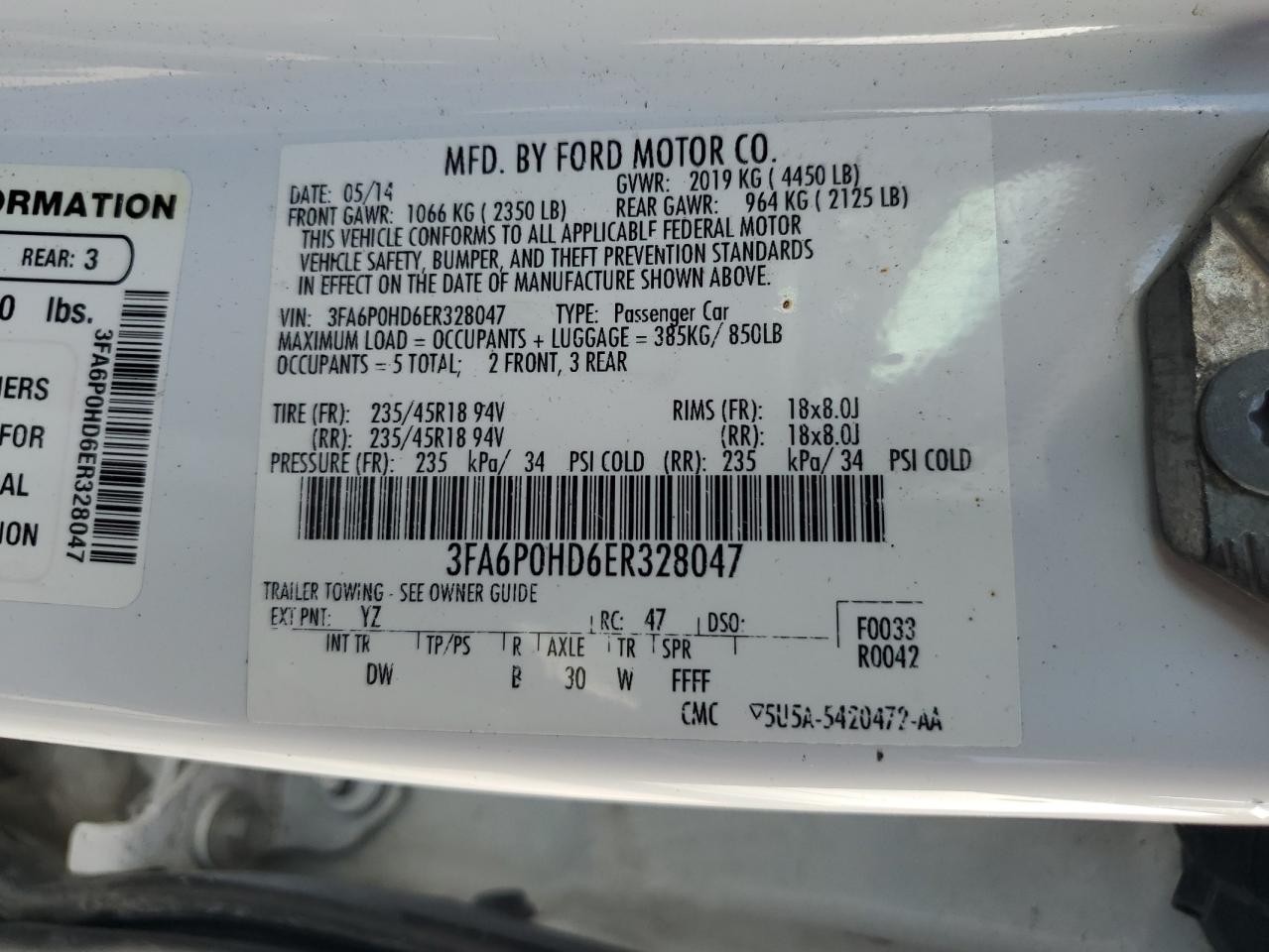 2014 Ford Fusion Se VIN: 3FA6P0HD6ER328047 Lot: 66083915