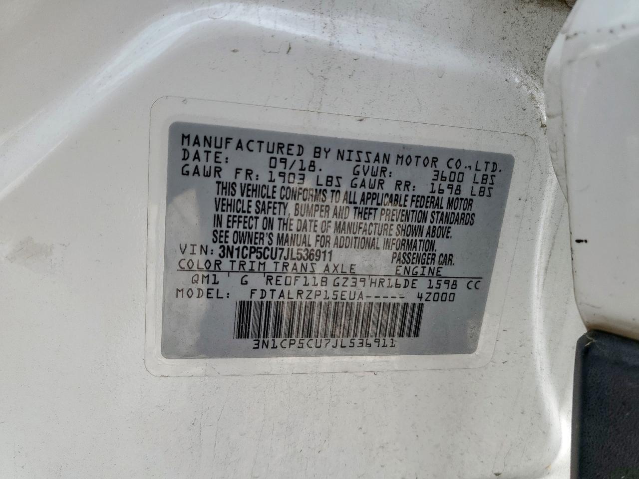 2018 Nissan Kicks S VIN: 3N1CP5CU7JL536911 Lot: 63876815