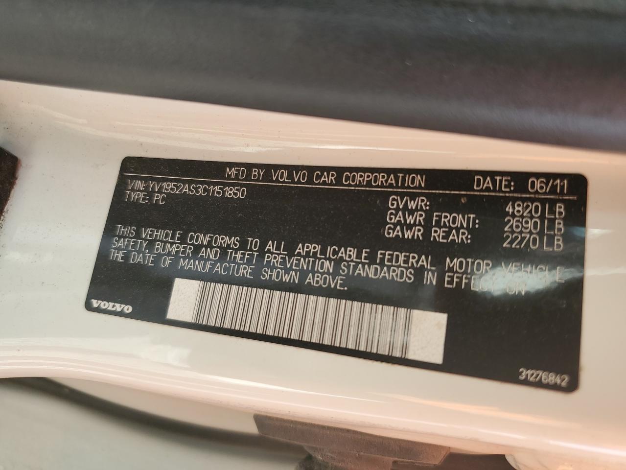 2012 Volvo S80 3.2 VIN: YV1952AS3C1151850 Lot: 63654545