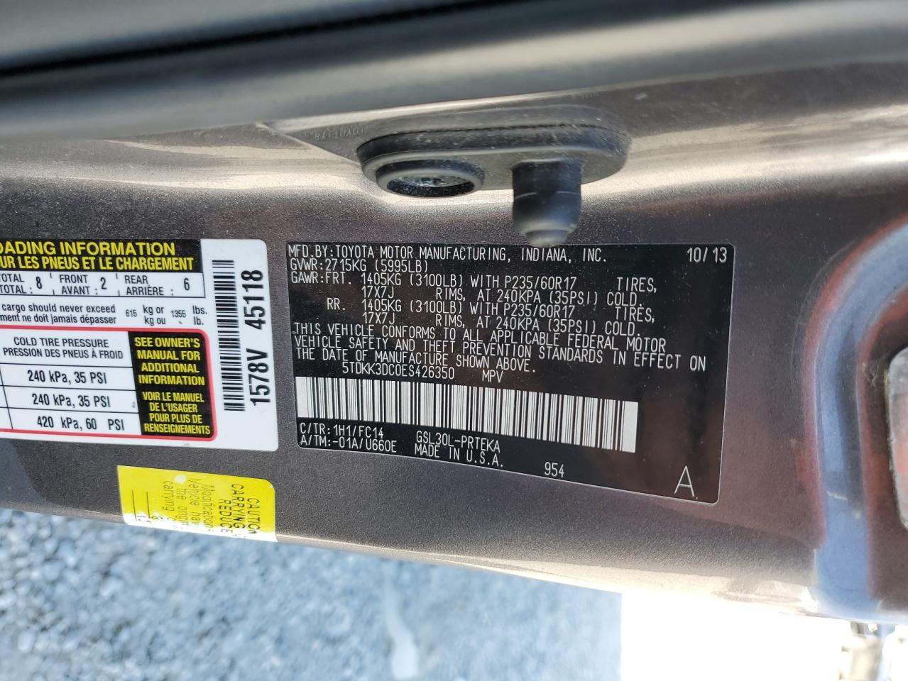 2014 Toyota Sienna Le VIN: 5TDKK3DC0ES426350 Lot: 64195875