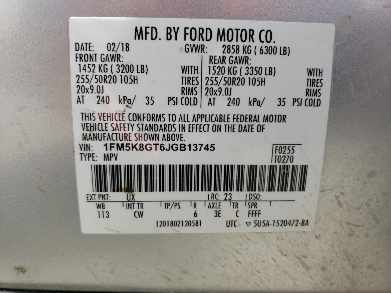 2018 Ford Explorer Sport VIN: 1FM5K8GT6JGB13745 Lot: 62843985