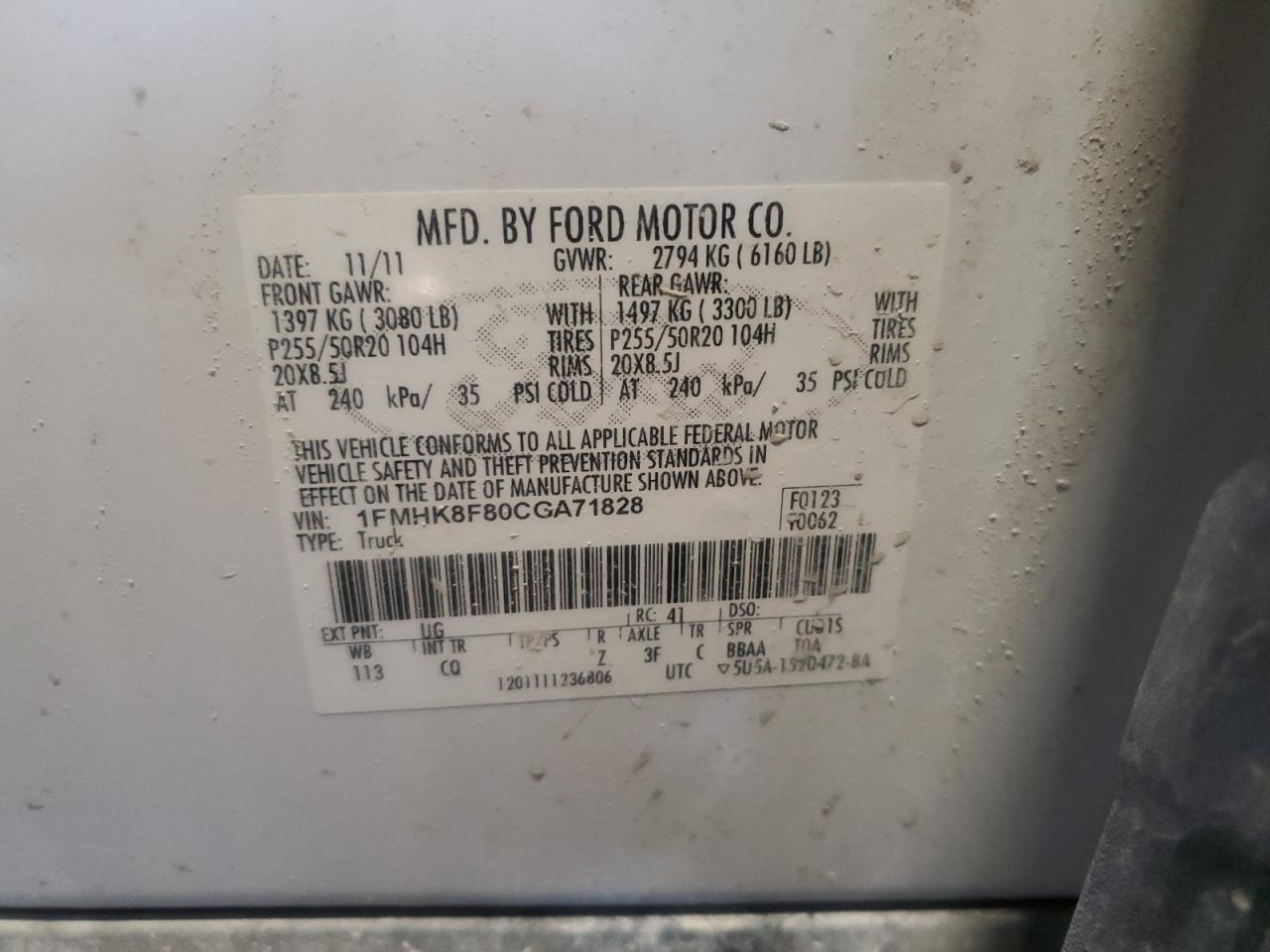 2012 Ford Explorer Limited VIN: 1FMHK8F80CGA71828 Lot: 66807015