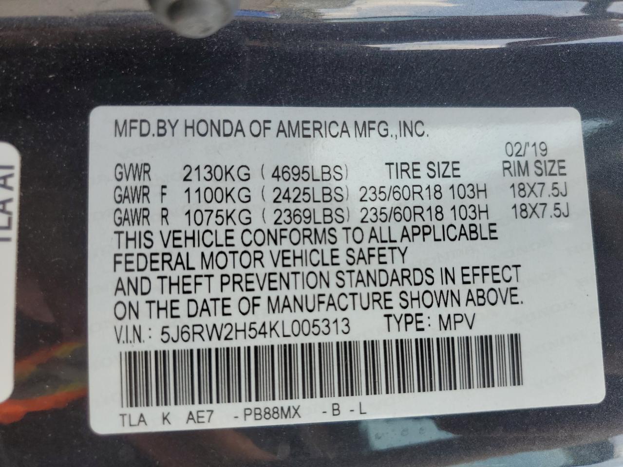 2019 Honda Cr-V Ex VIN: 5J6RW2H54KL005313 Lot: 64732215