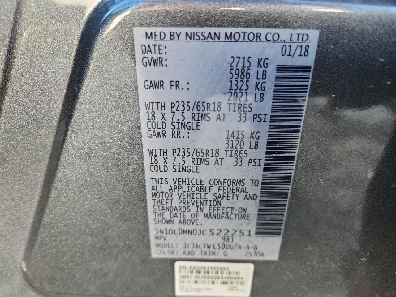 2018 Infiniti Qx60 VIN: 5N1DL0MN0JC522251 Lot: 62513205