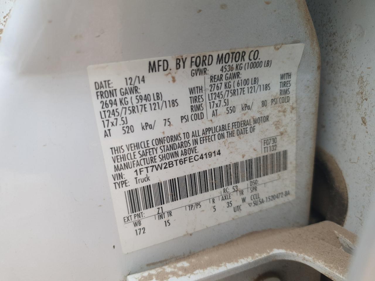 2015 Ford F250 Super Duty VIN: 1FT7W2BT6FEC41914 Lot: 61626365
